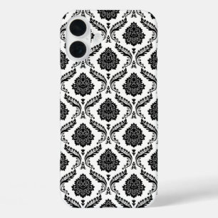 Coques iPhone 16 Plus Motif Damassé Rococo Noir sur Fond Blanc
