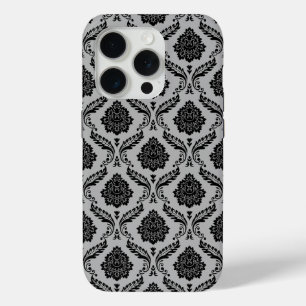 Coque iPhone 15 Pro Motif Damassé Rococo Noir sur Gris