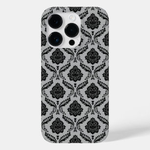 Coque Pour iPhone 14 Pro Motif Damassé Rococo Noir sur Gris