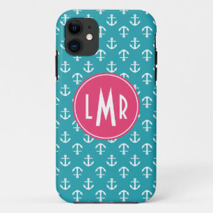 Coque iPhone 11 Motif d'Ancres de monogramme d'Aqua et de fuchsia