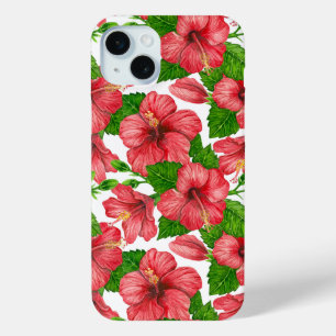 Coque iPhone 15 Mini Motif d'aquarelle d'hibiscus rouge