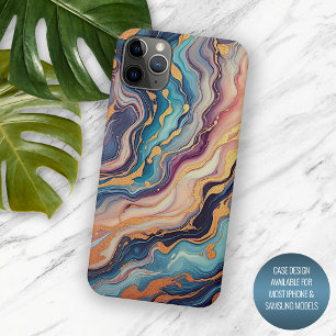 Coque iPhone 15 Pro Max Motif d'art en marbre d'or rose bleu foncé Aqua