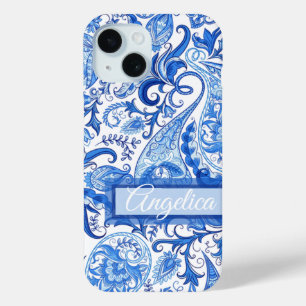Coque Pour iPhone 15 Motif d'art personnalisé bleu foncé blanc margueri