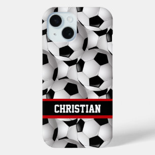 Coque Pour iPhone 15 Motif de balle de soccer personnalisé noir rouge b