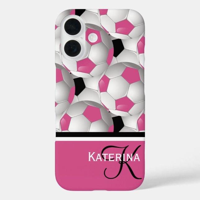 Coques Case-Mate iPhone Motif de balle de soccer rose Monogram (Verso)