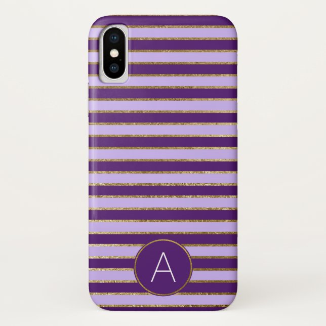 Coques Case-Mate iPhone Motif de bande de monogramme violet et or (Dos)