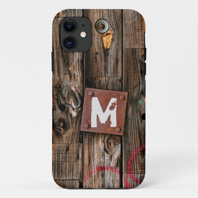Coques Case-Mate iPhone Motif de bois rustique industriel monogramme (Dos)