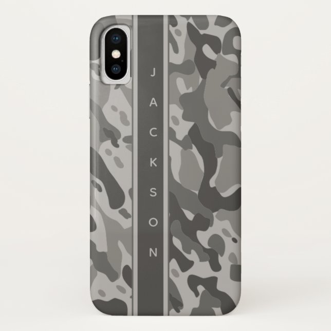 Coques Case-Mate iPhone Motif de camouflage militaire gris avec nom (Dos)