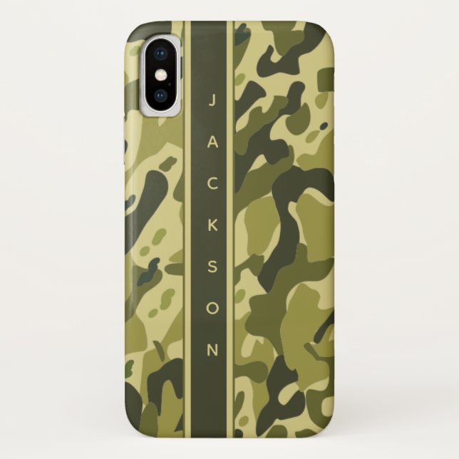 Coques Case-Mate iPhone Motif de camouflage militaire vert avec nom (Dos)