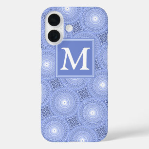 Coques iPhone 16 Motif de cercles bleus monogramme