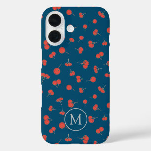 Coque Pour iPhone 16 Motif de cerise douce sur Monogramme bleu foncé