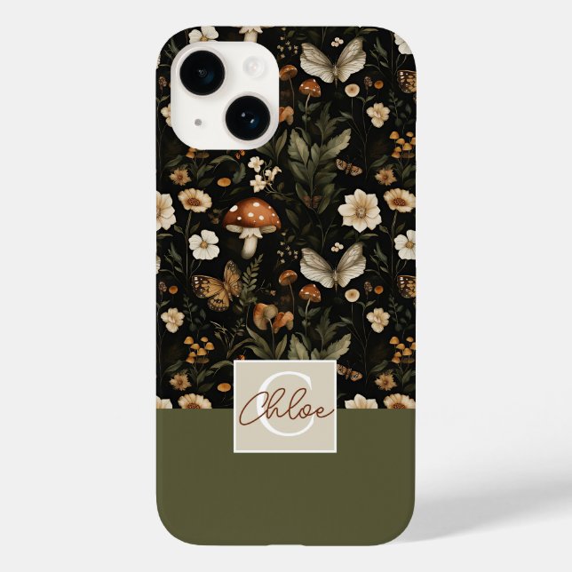 Coques Case-Mate iPhone Motif de champignons et de fleurs avec nom (Verso)