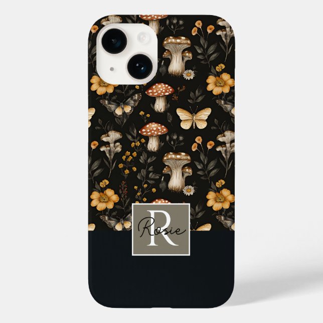 Coques Case-Mate iPhone Motif de champignons et de fleurs avec nom (Verso)