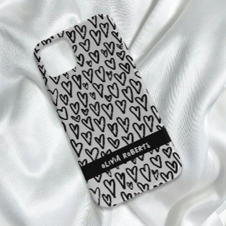 Coque Pour iPhone 14 Motif de Coeurs noir et blanc élégant Personnalise
