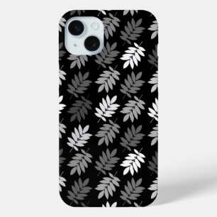 Coque iPhone 15 Mini Motif de feuille aînée noir blanc gris