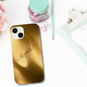 Coque Pour iPhone 14 Motif de feuille d'or en monogramme de script Glam