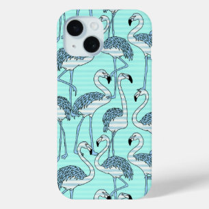 Coque Pour iPhone 15 Motif de Flamants roses Turquoise rayé