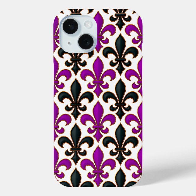 Coques Case-Mate iPhone Motif de fleur de lis baroque noir violet  (Verso)