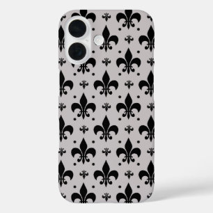 Coque Pour iPhone 16 Motif de fleur de lis gris et noir