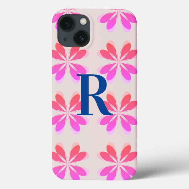 Coques Case-Mate iPhone Motif de fleurs rétro rose chaud Monogramme (Verso)