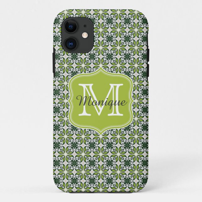 Coques Case-Mate iPhone Motif de fleurs vertes de monogramme (Dos)