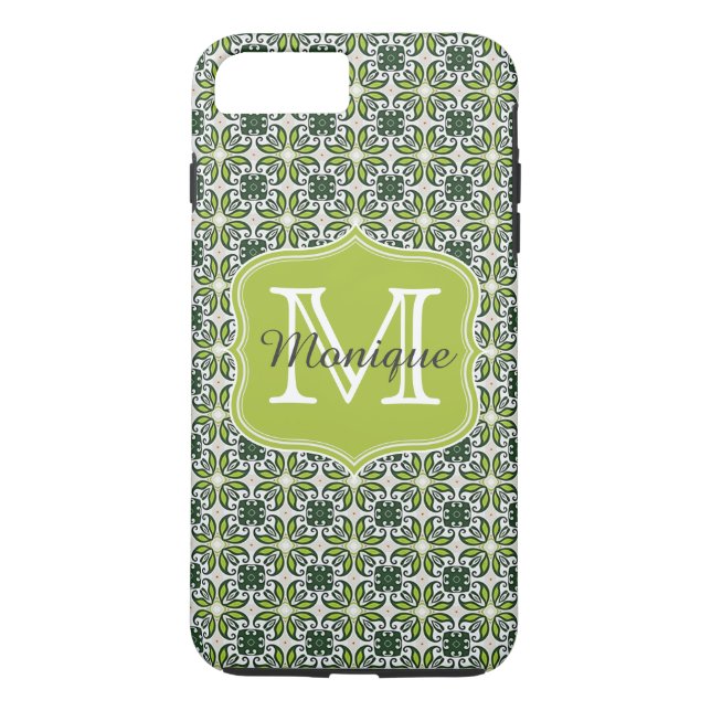 Coques Case-Mate iPhone Motif de fleurs vertes de monogramme (Dos)