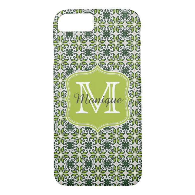 Coques Case-Mate iPhone Motif de fleurs vertes Monogrammes (Dos)