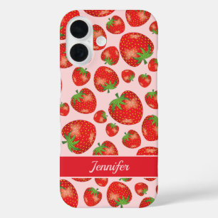 Coque Pour iPhone 16 Motif de fraise rouge illustrée en rose et nom