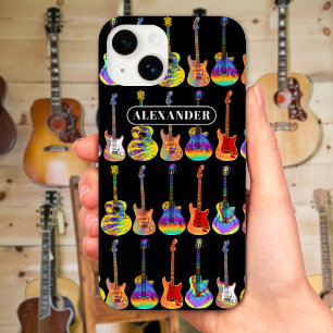 Coque Pour iPhone 14 Motif de guitare coloré sur fond noir avec nom