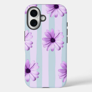 Coque Pour iPhone 16 motif de marguerite rayée bleu et violet