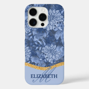 Coques iPhone 16 Pro Motif de monogramme floral aquarelle - Bleu sur bl