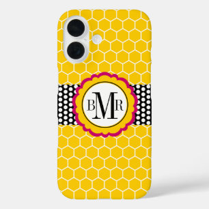 Coque Pour iPhone 16 Motif de nid d'abeilles et monogramme de fleur