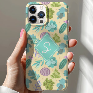 Coque Pour iPhone 15 Motif de plante de cactus succulente avec monogram