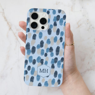 Coque iPhone 15 Pro Max Motif de point d'aquarelle moderne Monogram Blue