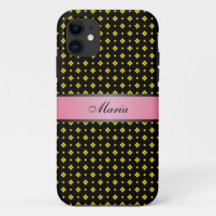 Coque Case-Mate Pour iPhone Motif de points jaunes Rose 2 Nom personnalisé