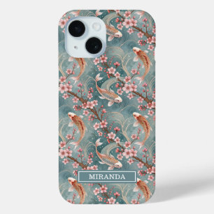 Coque Pour iPhone 15 Motif de poisson Koi Sakura japonais Monogrammé