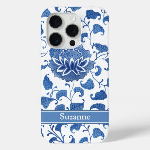Coque iPhone 15 Pro Motif de poterie chinoise de Lotus Bleu Blanc