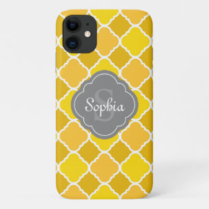 Case-Mate iPhone Case Motif de Quatrefoil jaune avec Monogramme gris