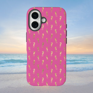 Coque Pour iPhone 16 Motif de répétition rose et or Seahorse