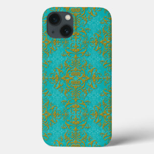Coques Pour iPhone Motif de style or et turquoise à la florale Damas
