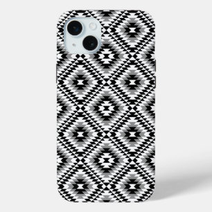 Coque iPhone 15 Mini Motif de symboles BW+gris Aztec stylisé