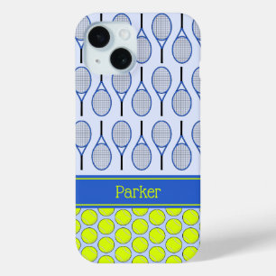 Coque Pour iPhone 15 Motif de tennis nom personnalisé bleu