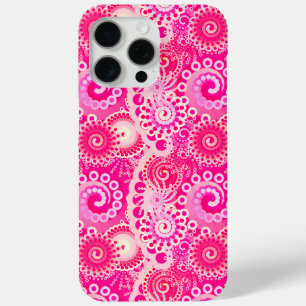 Coque iPhone 15 Pro Max Motif de tourbillon fractal, nuances de rose fuchs