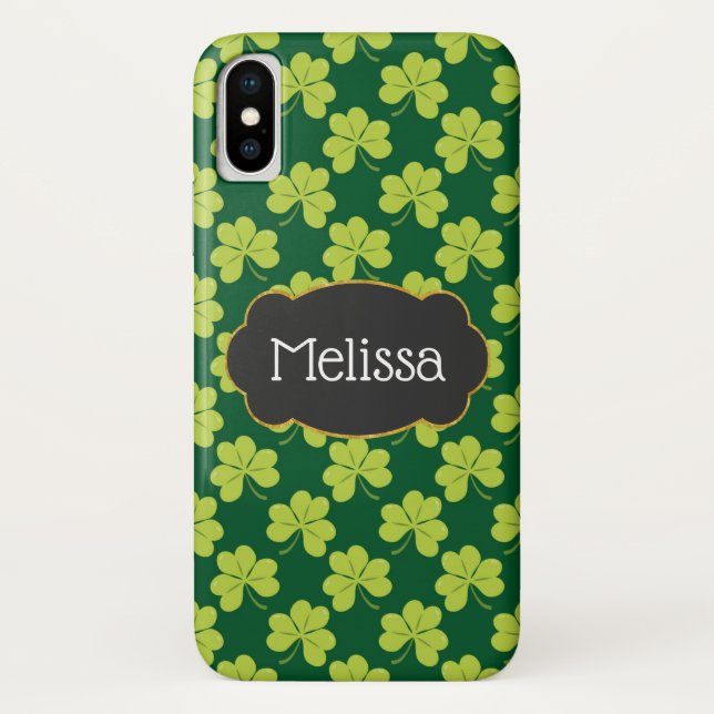 Coques Case-Mate iPhone Motif de trèfle vert mignon avec cadre fantaisie (Dos)
