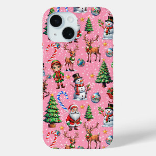 Coque Pour iPhone 15 Motif décoratif de Noël sur fond rose