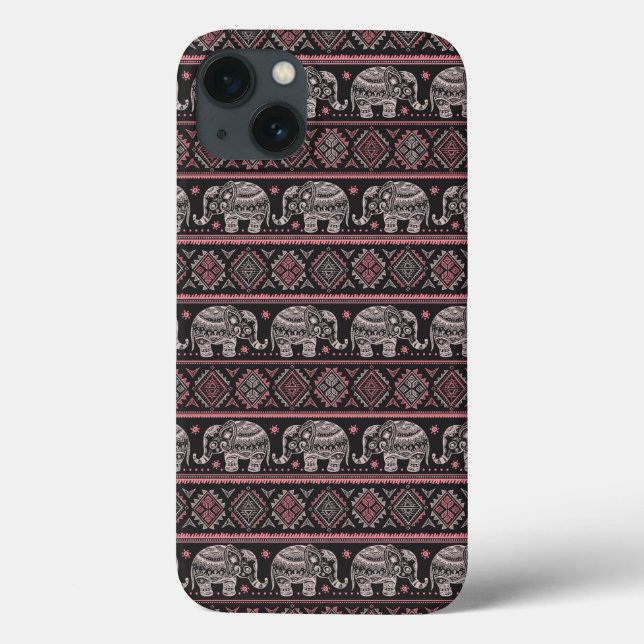 Coques Case-Mate iPhone Motif d'éléphant ethnique noir (Verso)