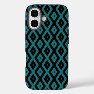 Coque Pour iPhone 16 Motif diamant sarcelle et noir
