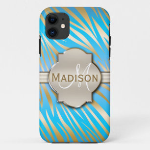 Case-Mate iPhone Case Motif d'impression Monogramme Gold Blue Zebra