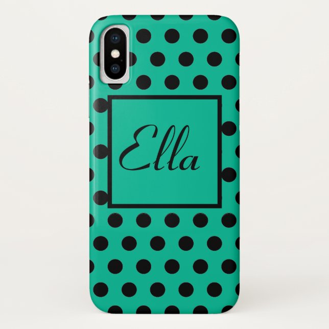 Coques Case-Mate iPhone Motif élégant à points Polka noirs sur vert (Dos)