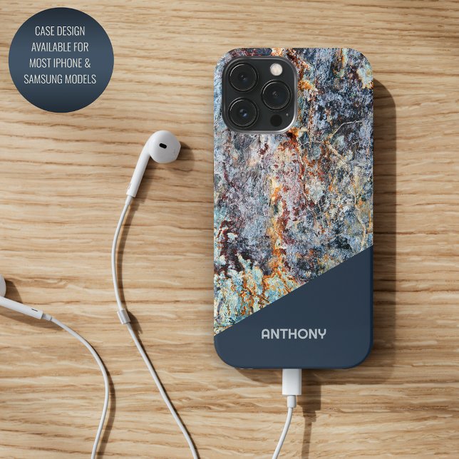 Coques Case-Mate iPhone Motif en marbre bleu foncé Tan noir Faux (Créateur téléchargé)